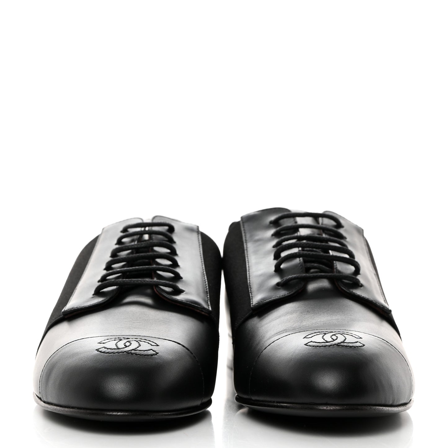 Calfskin Elastic Lace Up Cap Toe CC Loafers 38 Black