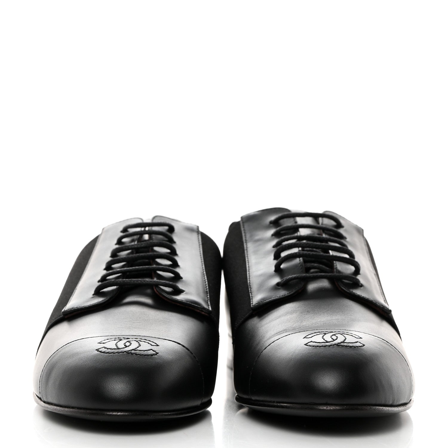 Chanel Calfskin Elastic Lace Up Cap Toe CC Loafers 38 Black 2 of 9