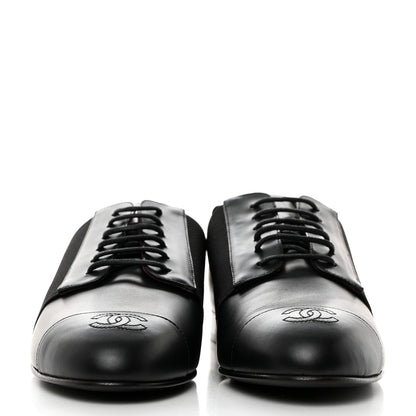 Chanel Calfskin Elastic Lace Up Cap Toe CC Loafers 38 Black 2 of 9