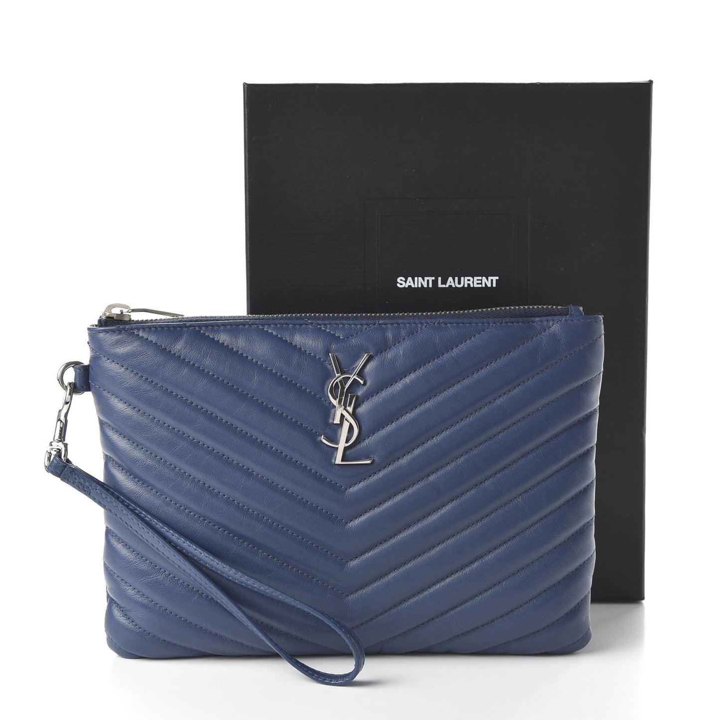Calfskin Matelasse Chevron Monogram A5 Wristlet Medium Blue