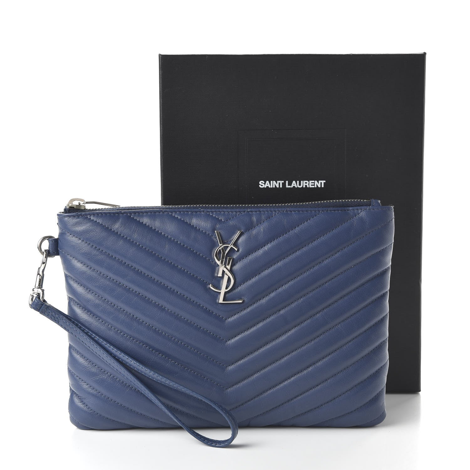 Saint Laurent Calfskin Matelasse Chevron Monogram A5 Wristlet Medium Blue 19 of 22