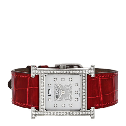 Hermes Stainless Steel Alligator Diamond Bezel Mother of Pearl 26mm Heure H Hour Quartz Watch Braise 2 of 5