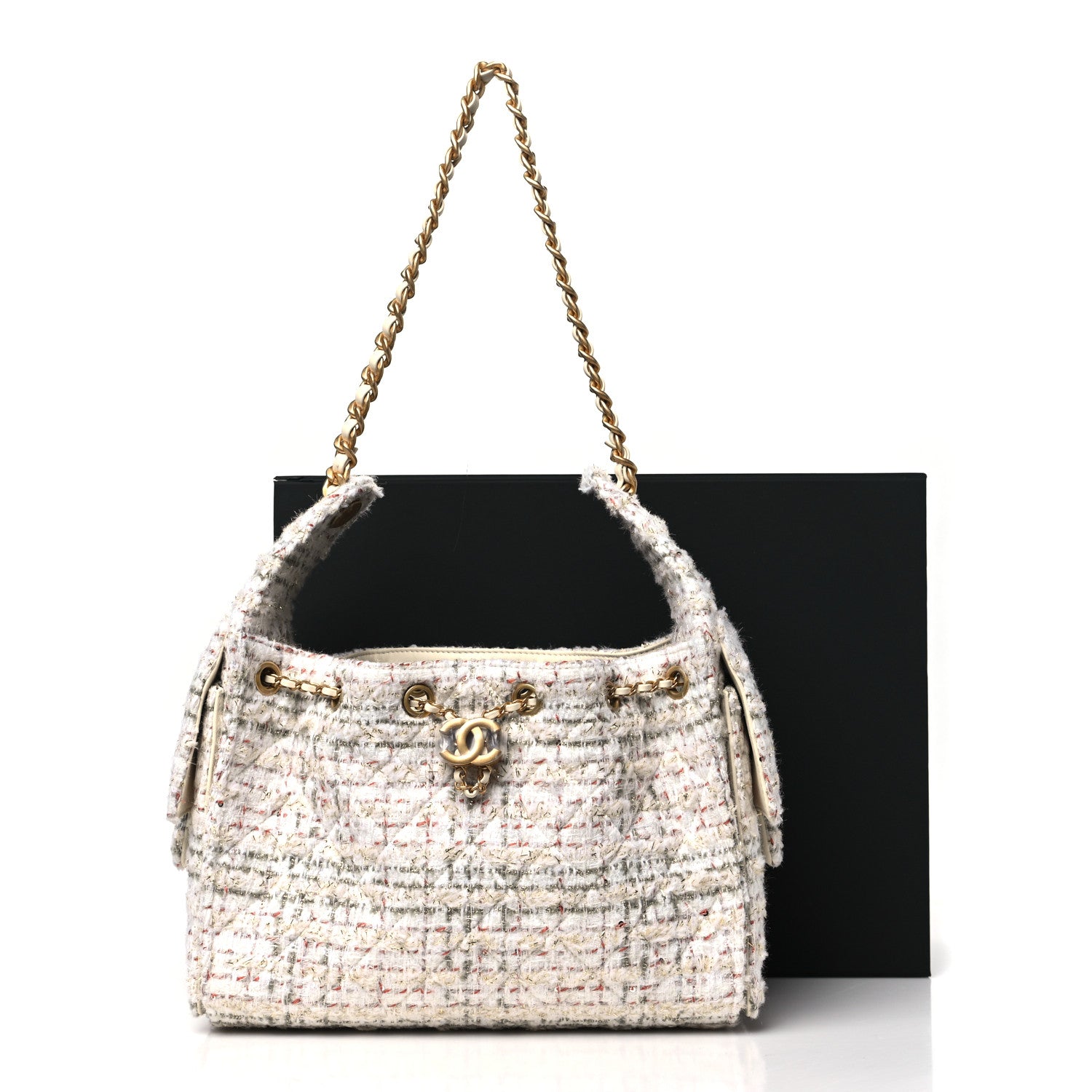 Chanel Tweed Quilted Small Chanel 25 Handbag Ecru Khaki Gold Red 12 of 12