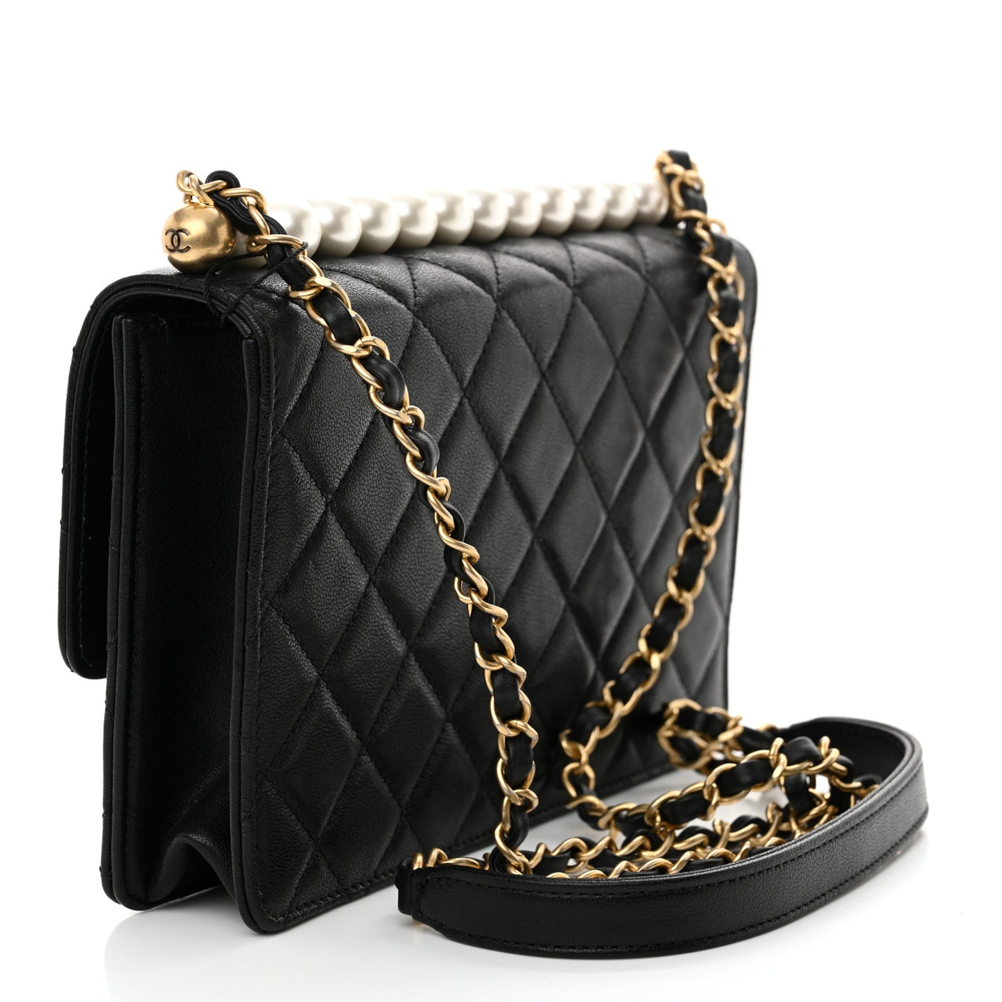 Goatskin Quilted Small Chic Pearls Flap Black