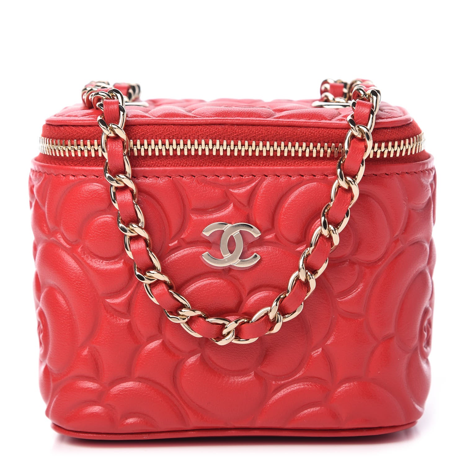 Chanel Lambskin Camellia Embossed Mini Vanity Case With Chain Red 1 of 10