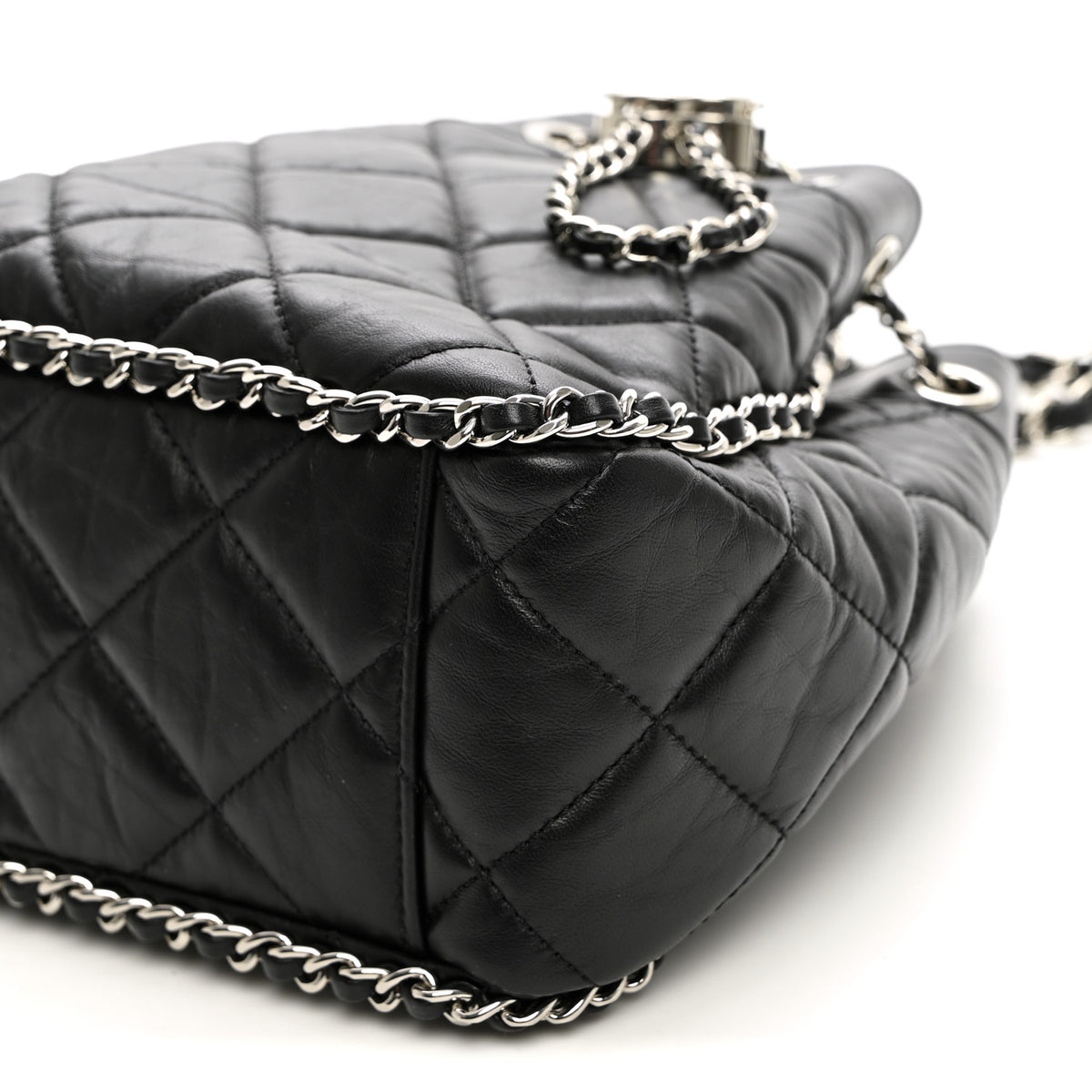 Chanel Crumpled Calfskin Quilted Chain All Over Drawstring Bucket Bag Black 10 of 10