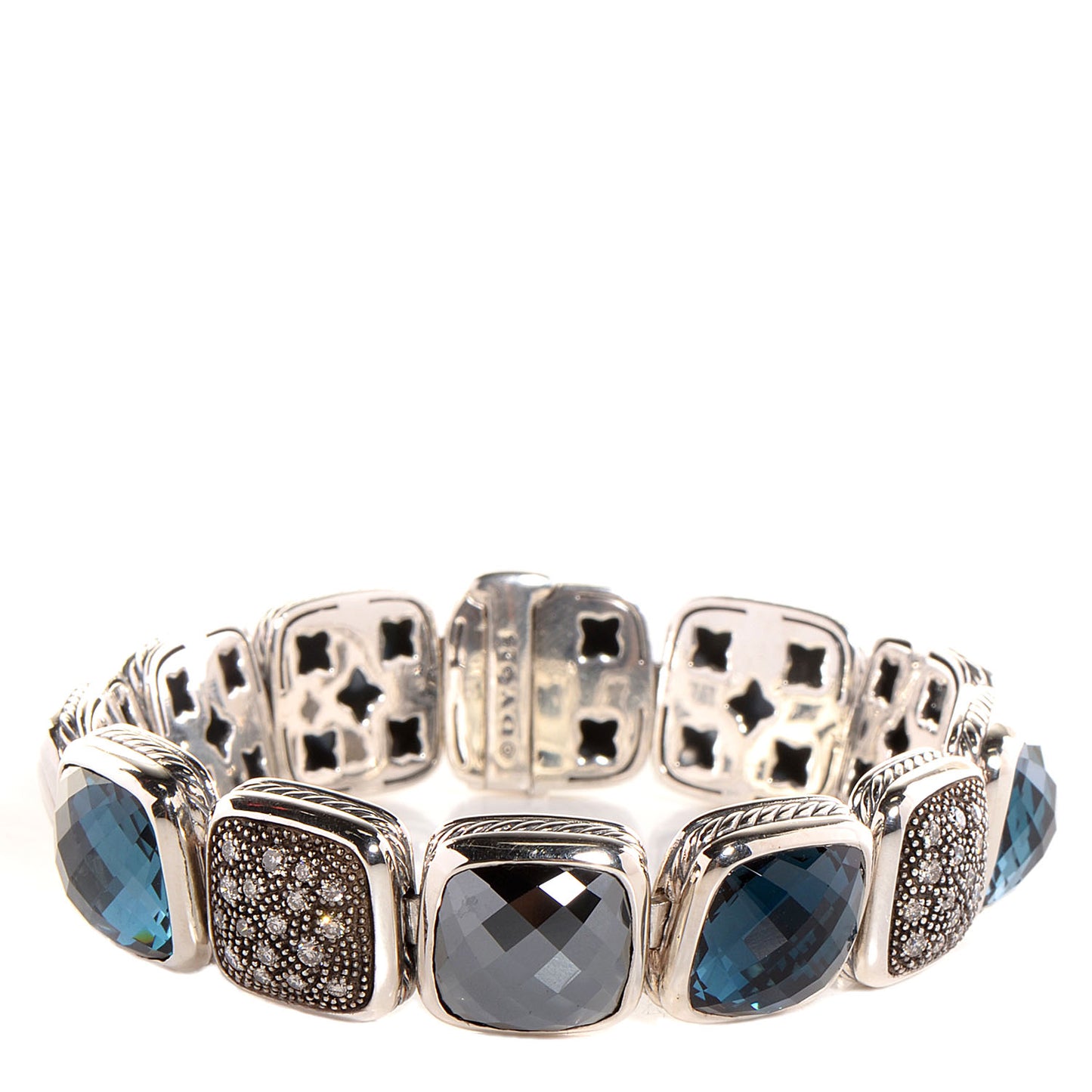 Sterling Silver Diamond Blue Topaz Hematite Chiclet One Row Bracelet