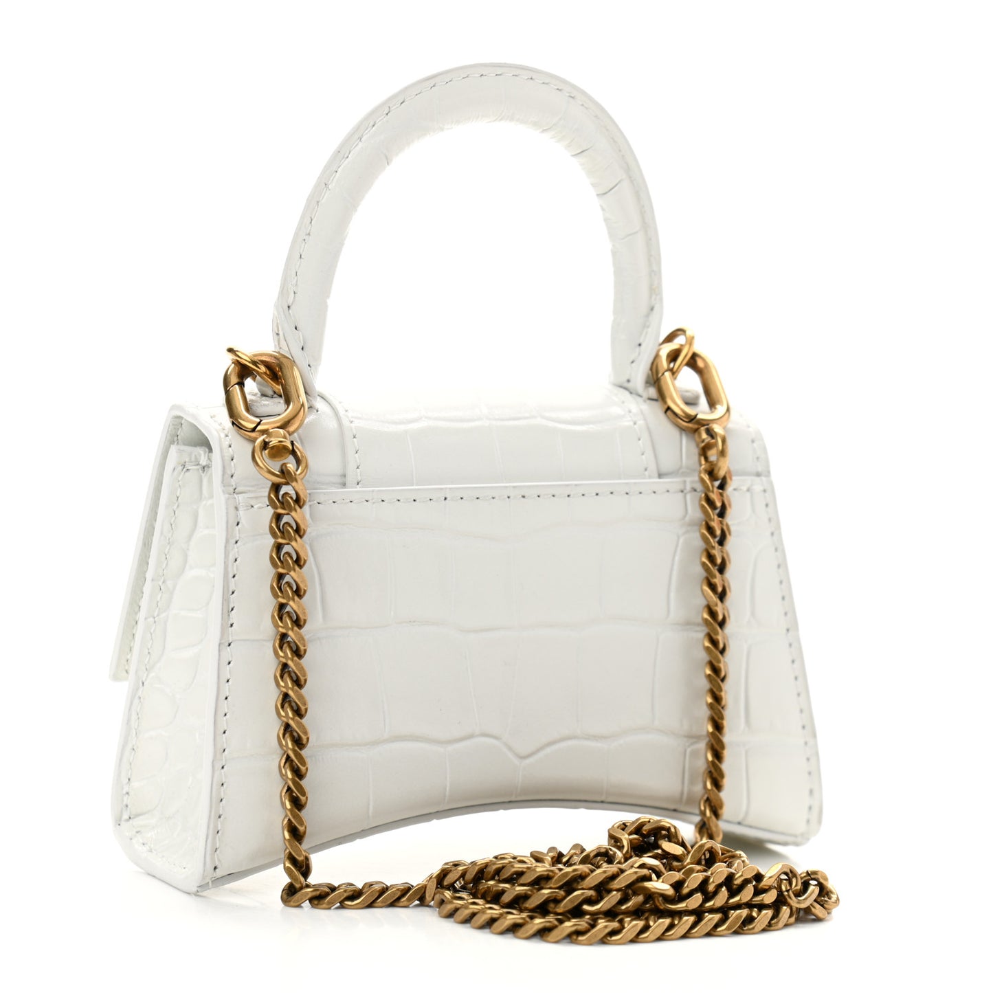 Shiny Calfskin Crocodile Embossed Hourglass Top Handle Bag Mini with Chain White
