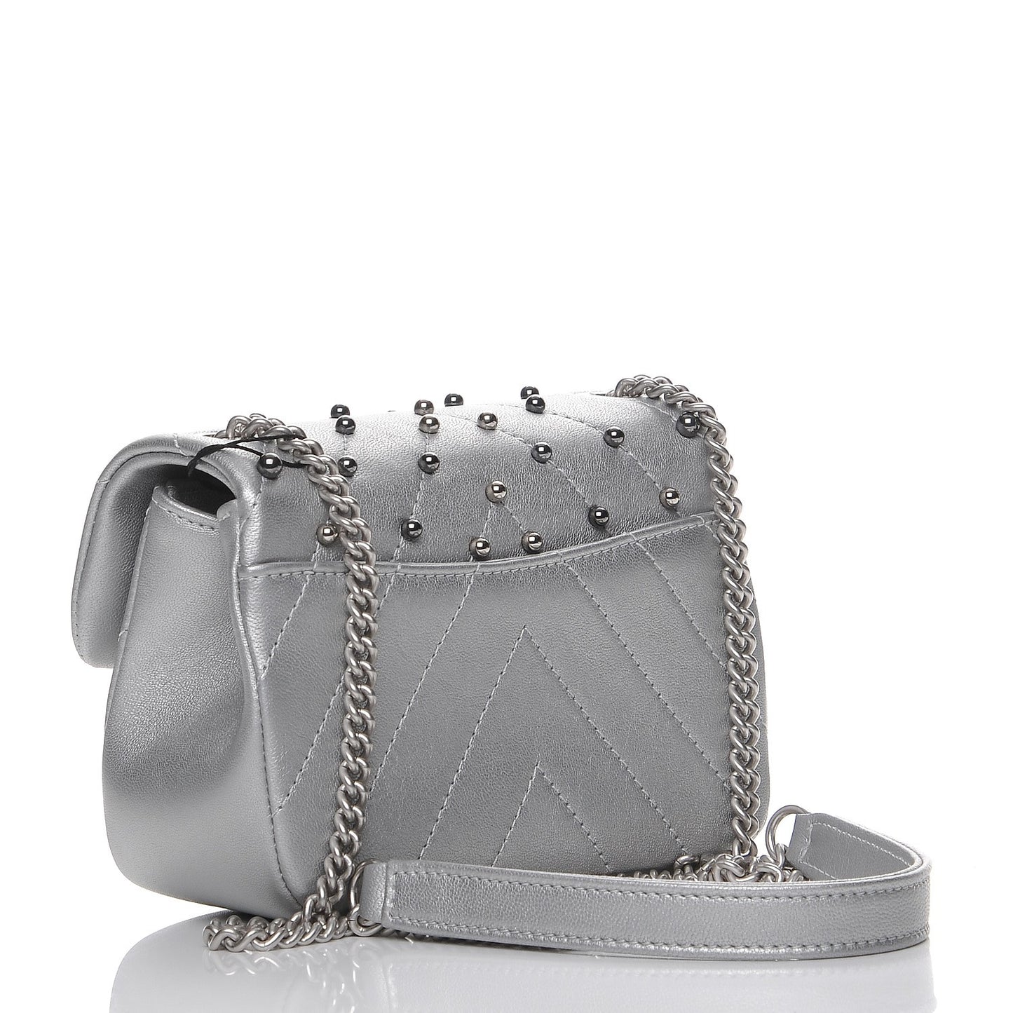 Metallic Lambskin Chevron Quilted Studded Mini Flap Silver
