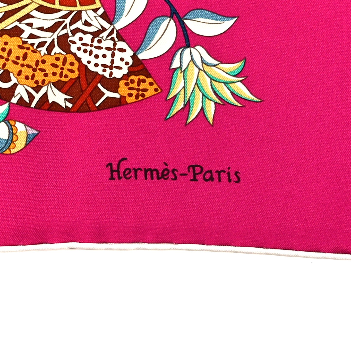 Silk Fleurs et Papillons de Tissus Scarf 90 Fuchsia Turquoise Creme