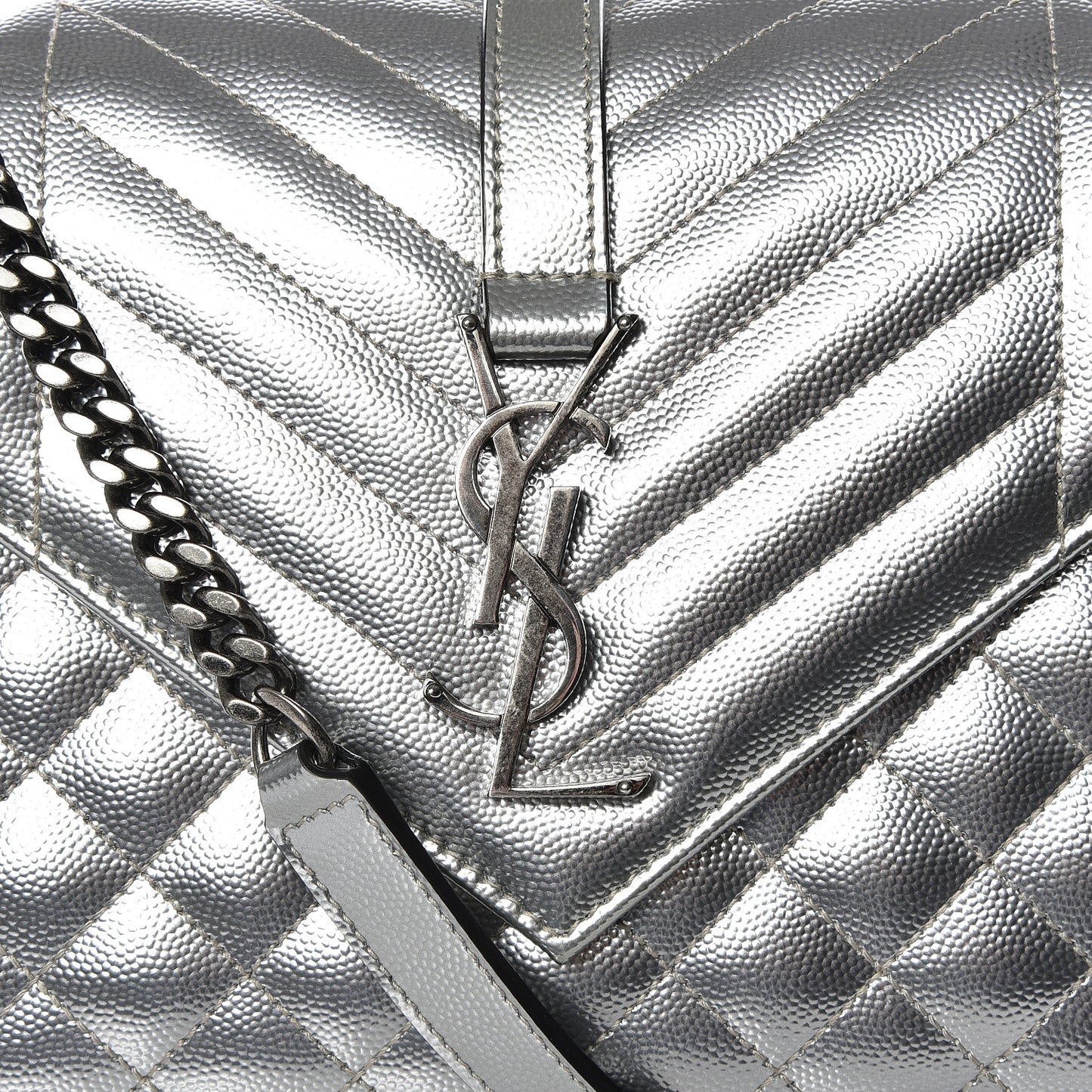 Metallic Grain De Poudre Textured Mixed Matelasse Triquilt Medium Monogram Satchel Silver