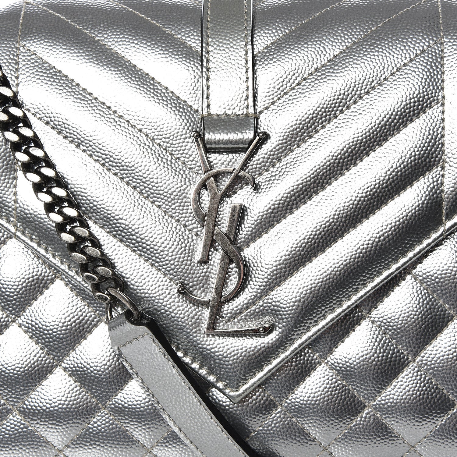Saint Laurent Metallic Grain De Poudre Textured Mixed Matelasse Triquilt Medium Monogram Satchel Silver 9 of 9
