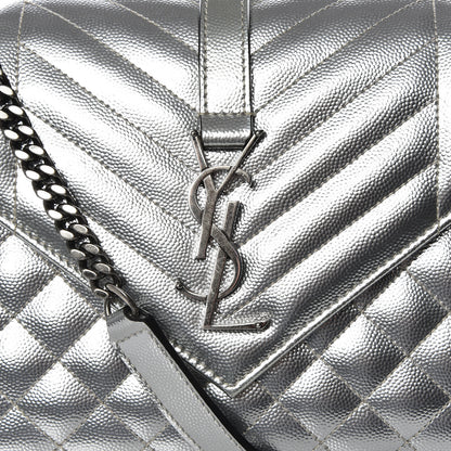 Saint Laurent Metallic Grain De Poudre Textured Mixed Matelasse Triquilt Medium Monogram Satchel Silver 9 of 9