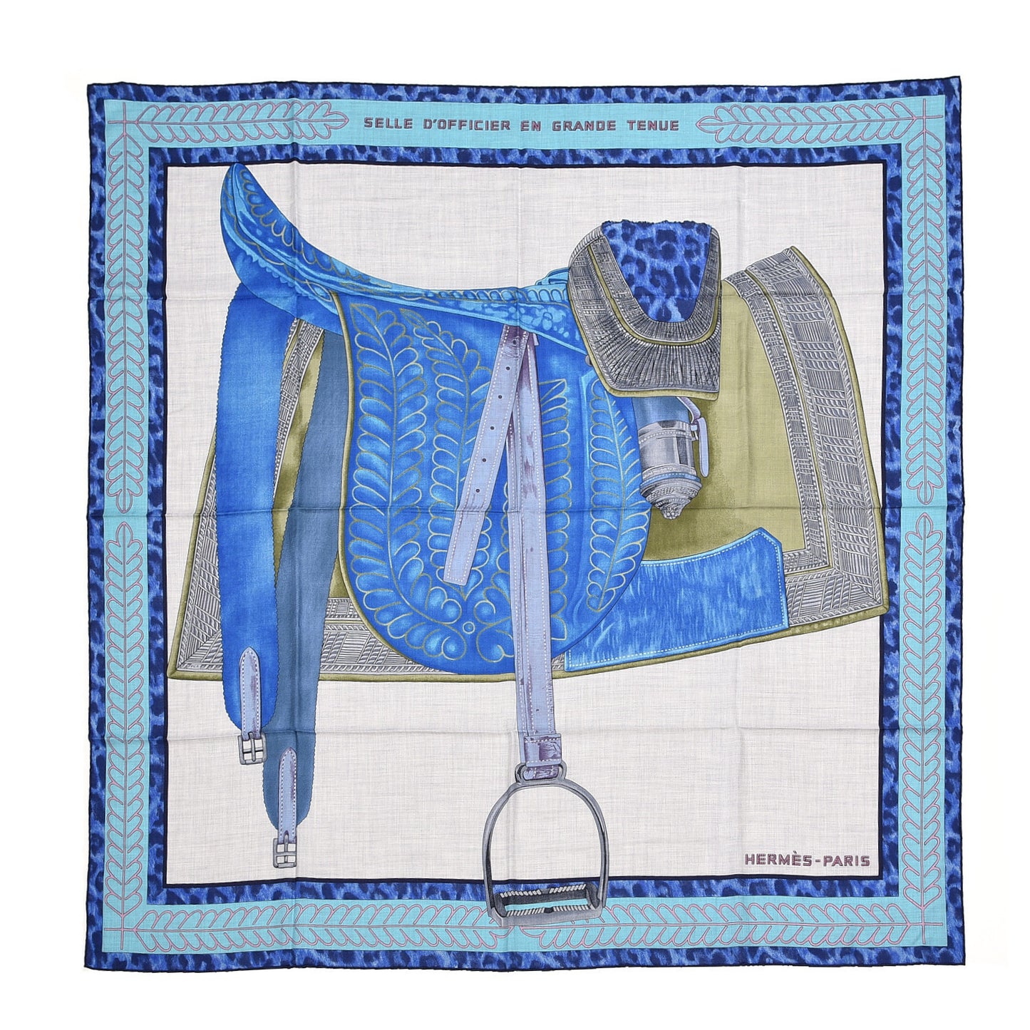 Cashmere Silk Selle d'Officier En Grande Tenue Shawl 140 Gris Chine Bleu Khaki