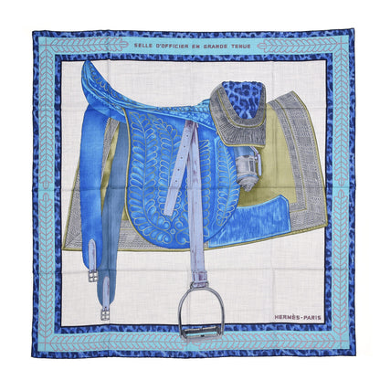 Hermes Cashmere Silk Selle d'Officier En Grande Tenue Shawl 140 Gris Chine Bleu Khaki 1 of 5
