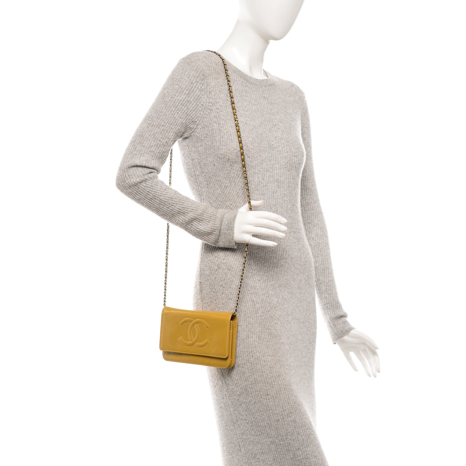Chanel Patent Caviar Timeless CC Wallet on Chain WOC Yellow 2 of 8
