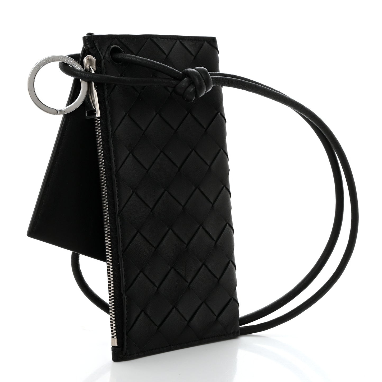 Nappa Intrecciato Card Case On Strap Black