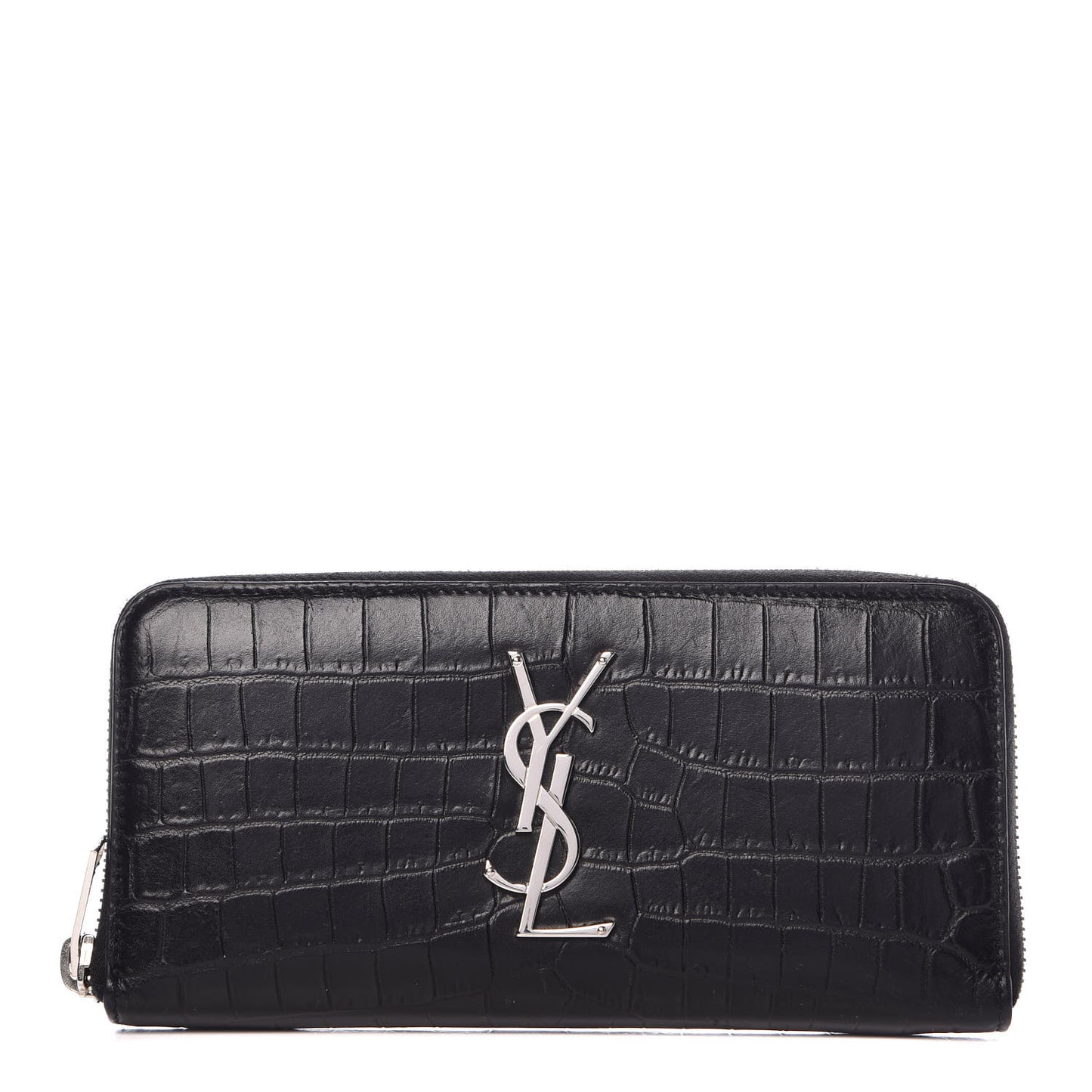 Calfskin Crocodile Embossed Monogram Zip Around Wallet Black