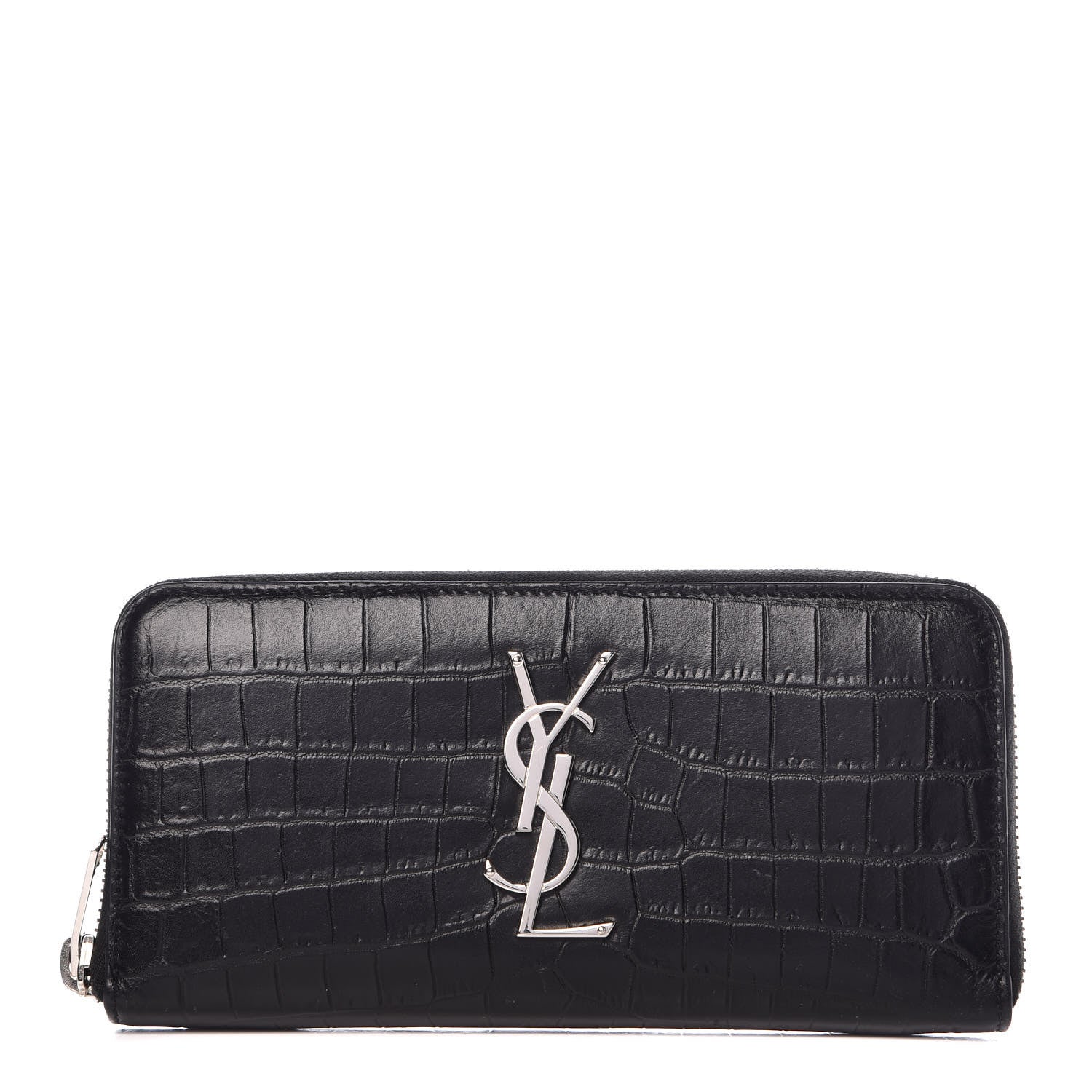 Saint Laurent Calfskin Crocodile Embossed Monogram Zip Around Wallet Black 1 of 8