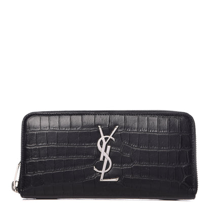 Saint Laurent Calfskin Crocodile Embossed Monogram Zip Around Wallet Black 1 of 8