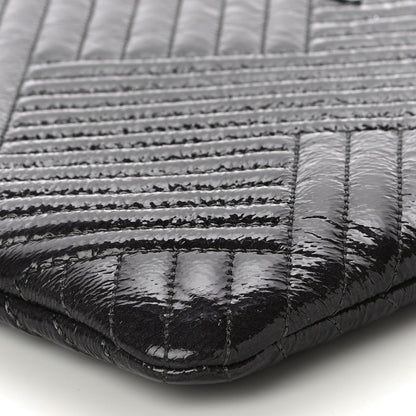 Chanel Distressed Patent Chevron Quilted Medium CC Crossing Cosmetic Case Black 10 of 12