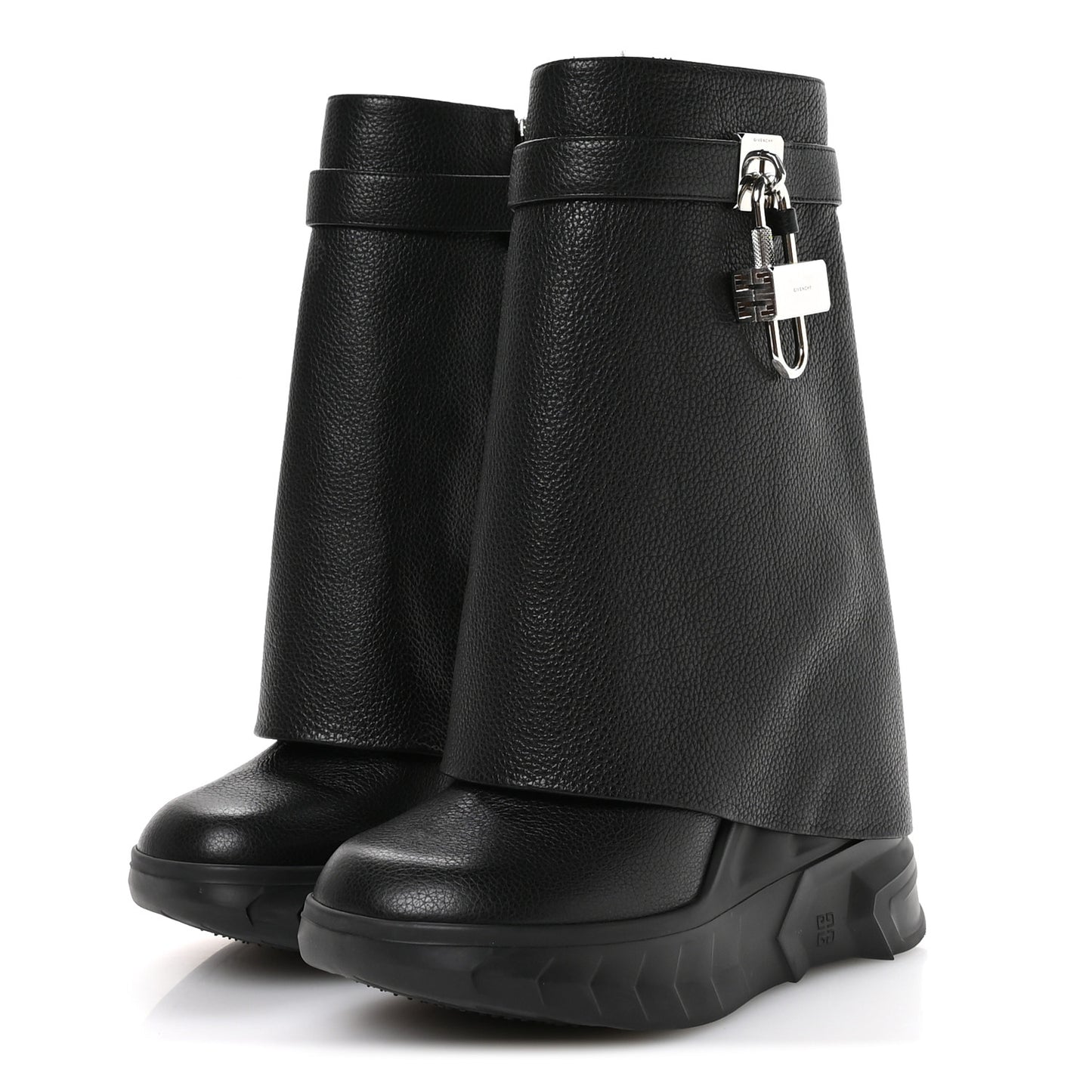 Grained Calfskin Shark Lock Biker Ankle Boots 36 Black