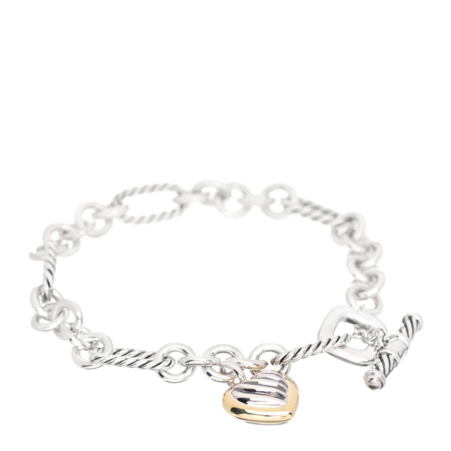 David Yurman Sterling Silver 18K Yellow Gold Cable Heart Charm Bracelet 1 of 4