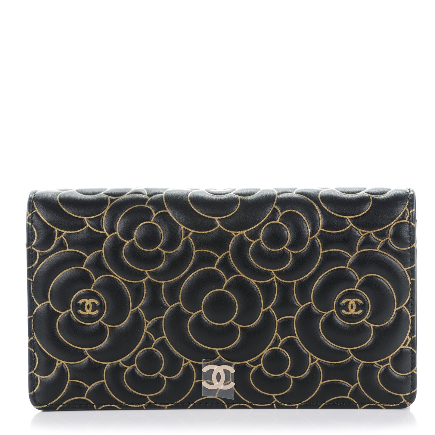 Lambskin Camellia Embossed Yen Wallet Black Gold