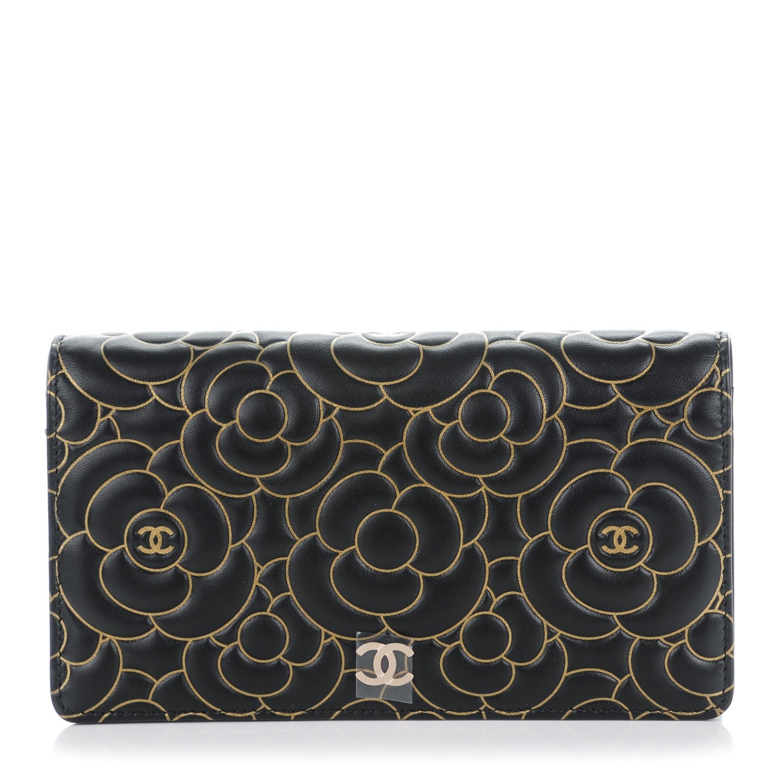 Chanel Lambskin Camellia Embossed Yen Wallet Black Gold 1 of 8