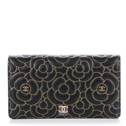 Chanel Lambskin Camellia Embossed Yen Wallet Black Gold 1 of 8