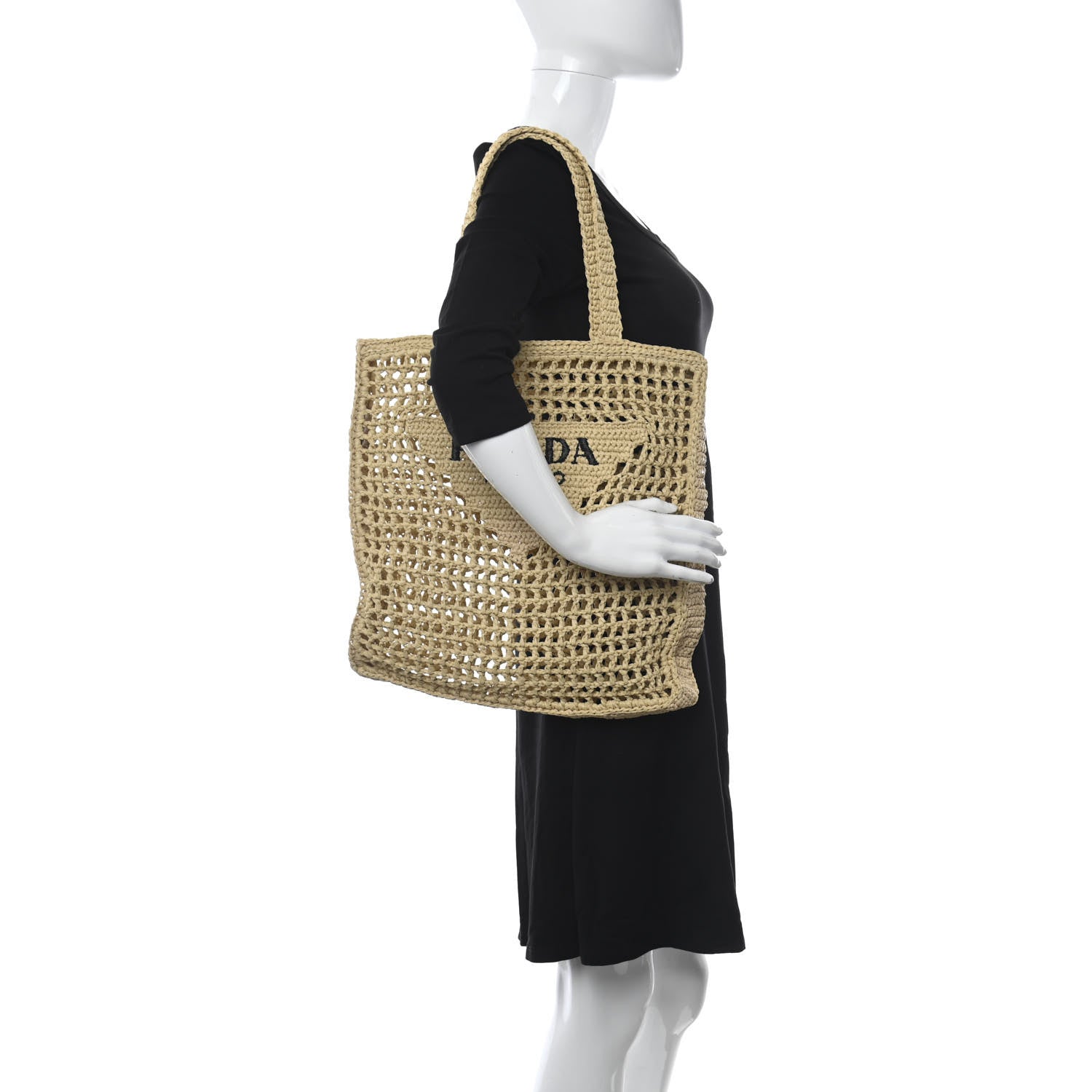 Prada Yarn Raffia Effect Crochet Logo Embroidered Tote Bag Naturale 2 of 9