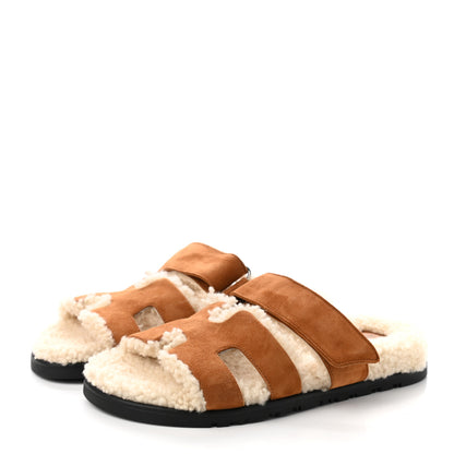 Hermes Suede Goatskin Woolskin Womens Chypre Sandals 36.5 Brun Fume Ecru 3 of 8