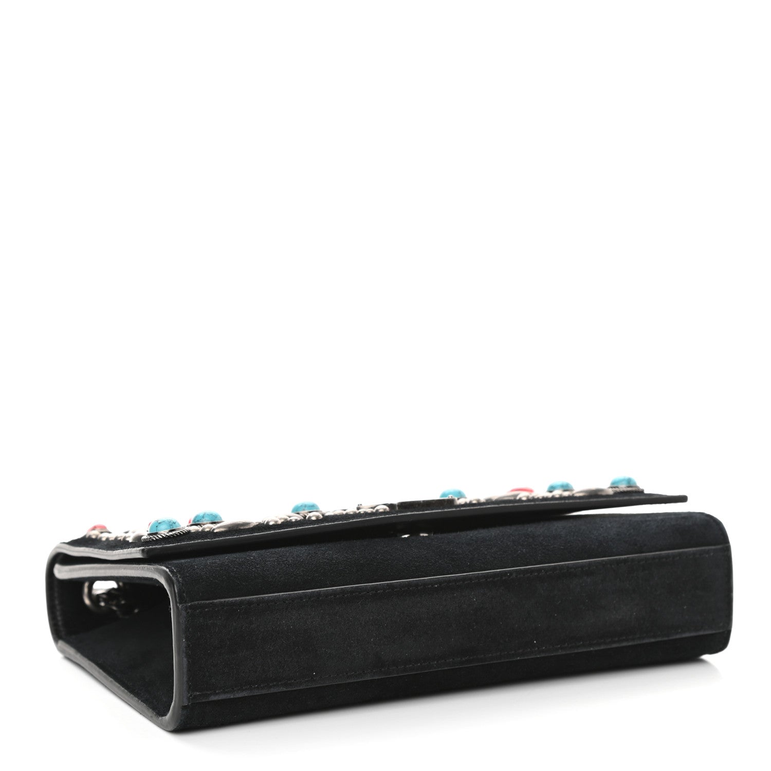 Saint Laurent Suede Small Monogram Stone Studded Kate Satchel Black Turquoise Coral 4 of 11