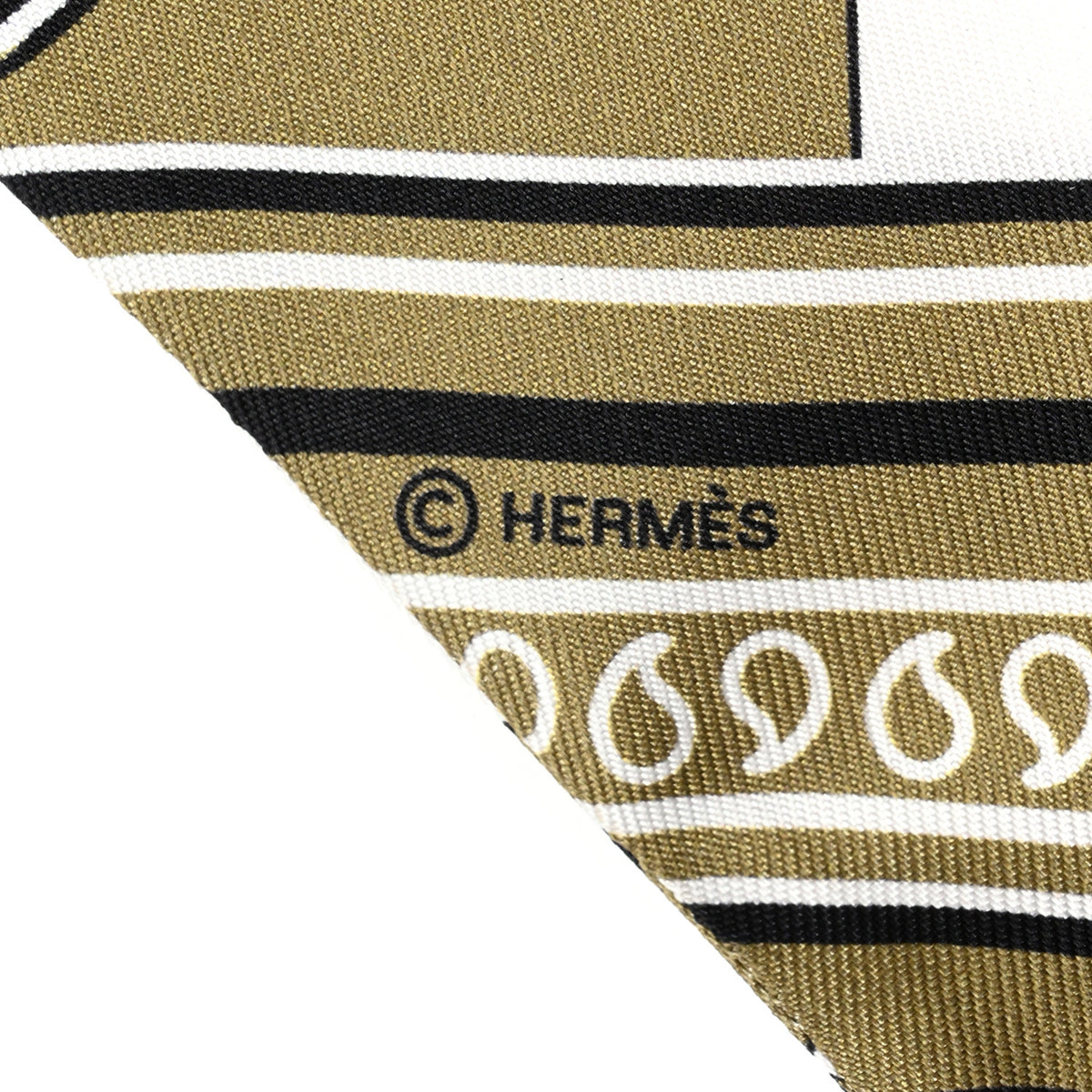 Hermes Bandana Fringes Twilly Kaki White Black 4 of 4