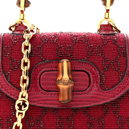 Gucci Moire Fabric Calfskin Rhinestone Monogram Monochrome Lizard Embossed Mini Bamboo 1947 Top Handle Chain Bag Red 7 of 9