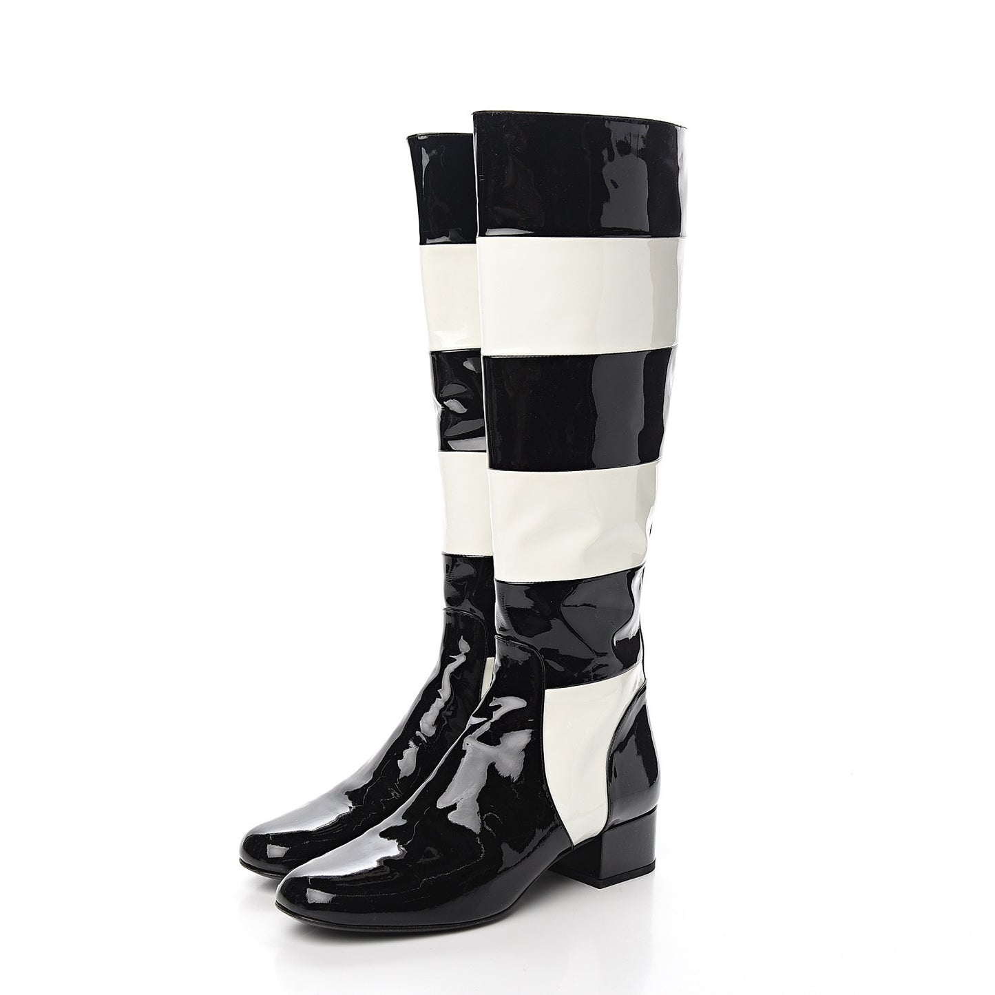 Patent Striped Knee High Boots 38.5 Black White