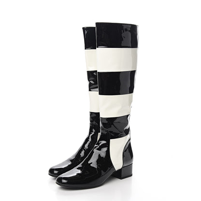 Saint Laurent Patent Striped Knee High Boots 38.5 Black White 3 of 9