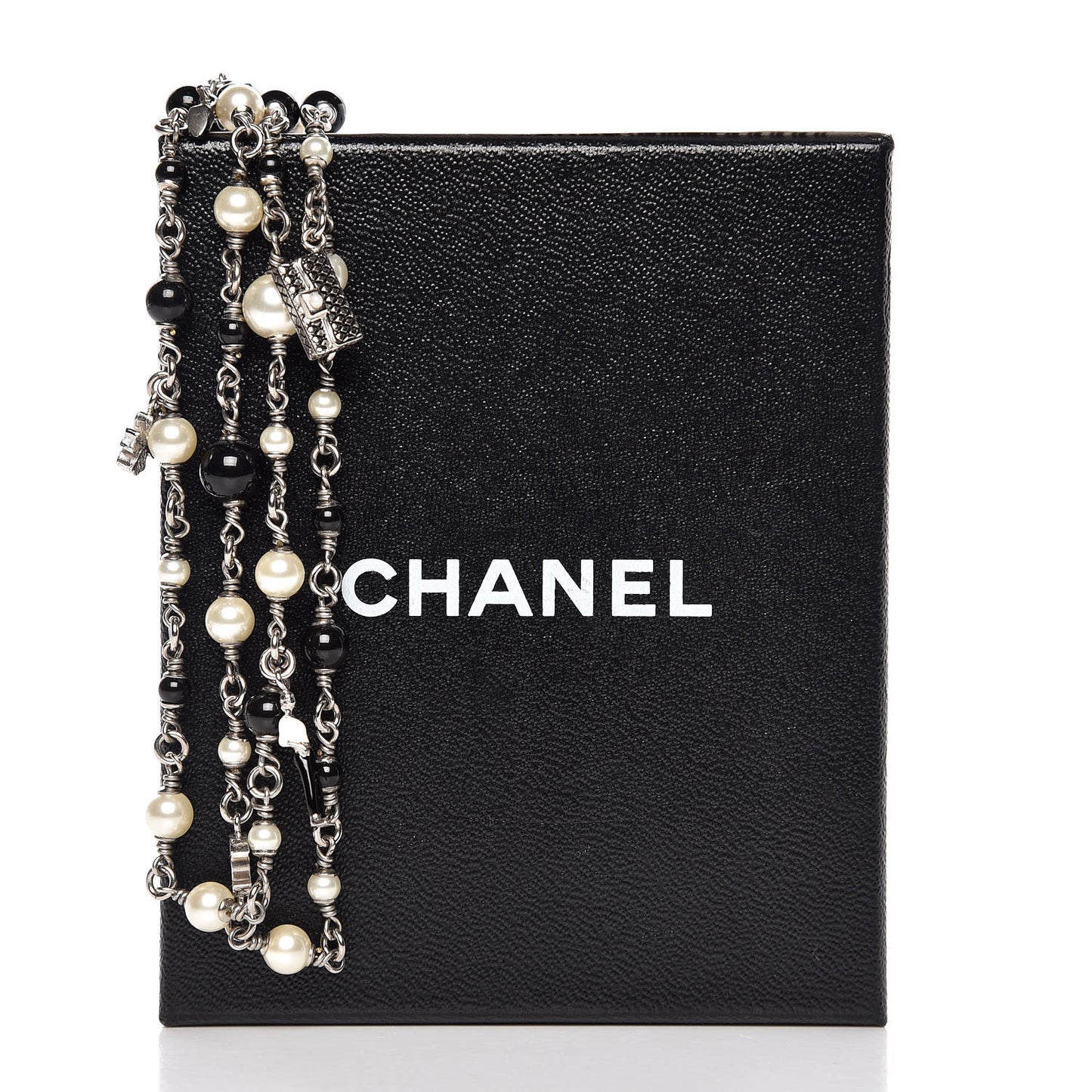 Pearl Beaded Enamel CC Coco Long Necklace Black Silver