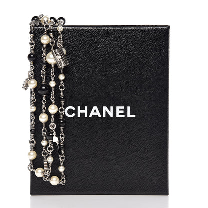 Chanel Pearl Beaded Enamel CC Coco Long Necklace Black Silver 10 of 10