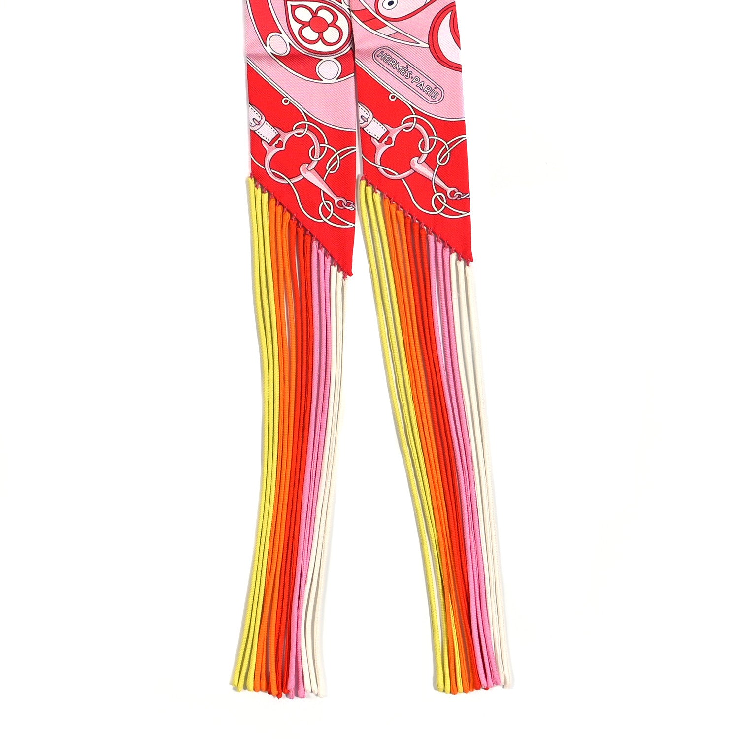 Hermes Silk Folklore Fringed Twilly Rose Rouge White 2 of 5