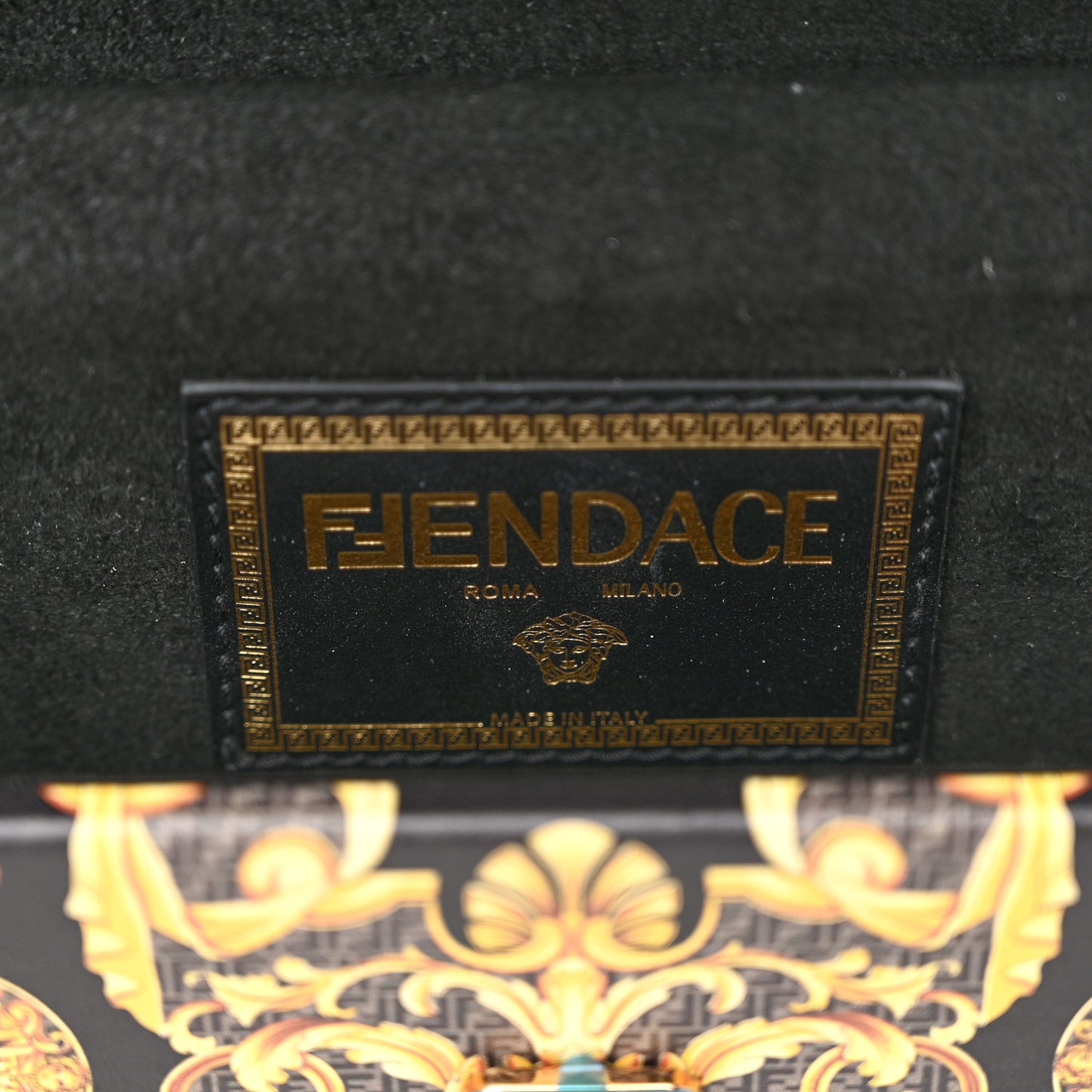 X VERSACE Vitello Cover Fendace Mini FF Baroque Brooch Studded Mini Baguette Trunk Black Gold