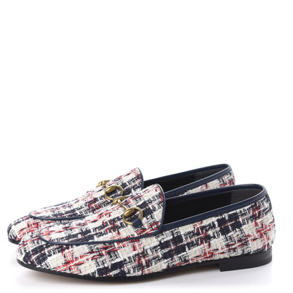 Gucci Tweed Check Horsebit Womens Jordaan Loafers 37 Gardenia Ink Blue Agata 3 of 10