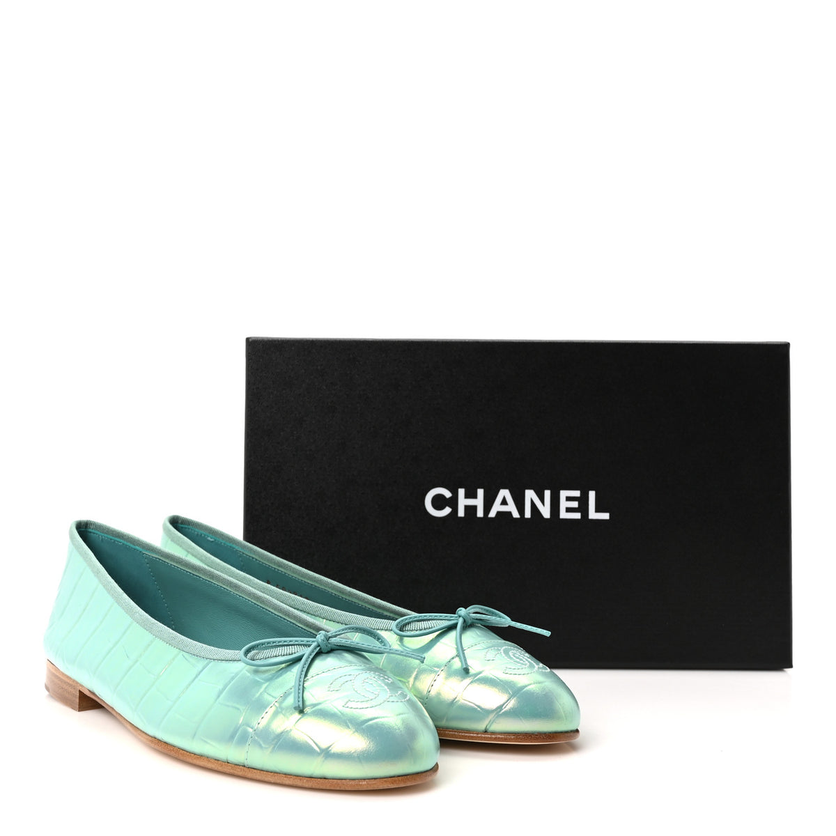 Chanel Iridescent Calfskin Crocodile Embossed Ballerina Flats 39 Green 10 of 10