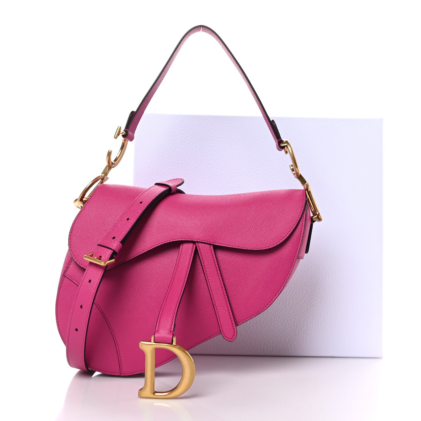 Grained Calfskin Saddle Bag With Strap Fuchsia