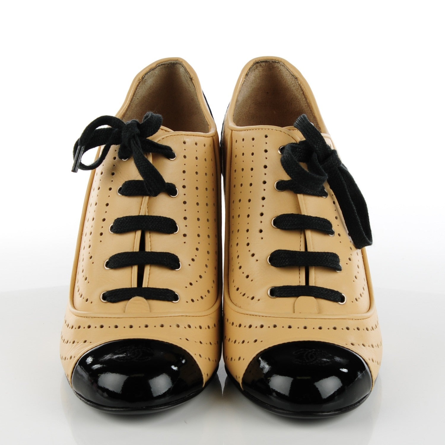 Chanel Lambskin Perforated Cap Toe Boots 37 Beige Black 2 of 8