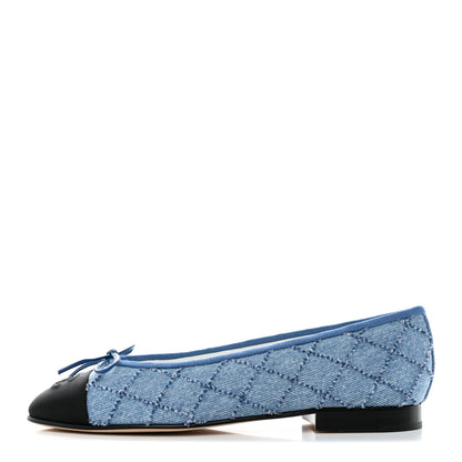 Chanel Denim Embroidered Grosgrain CC Cap Toe Ballerina Flats 37 Blue Black 1 of 9