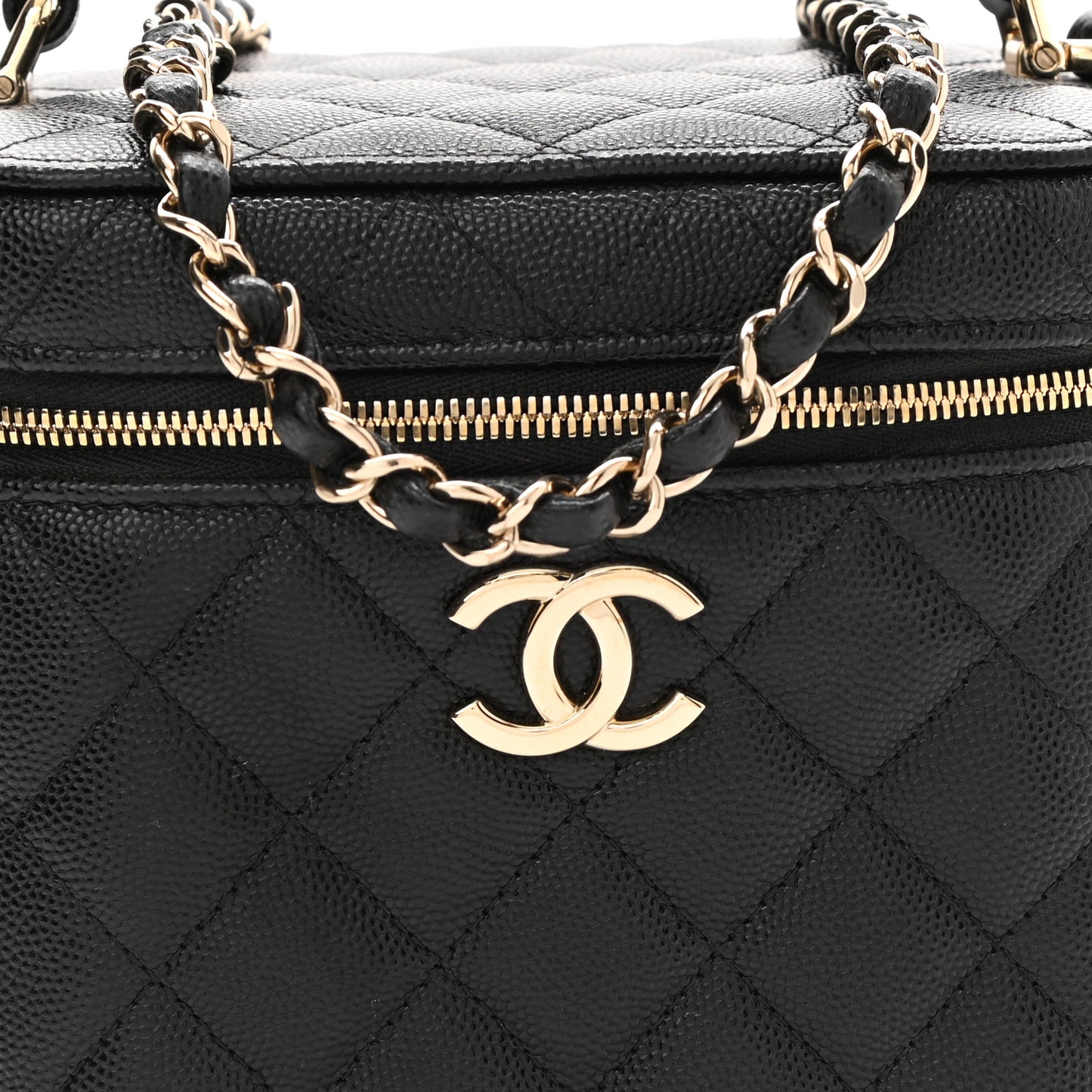 Caviar Quilted Small Top Handle Vanity Case With Chain Black
