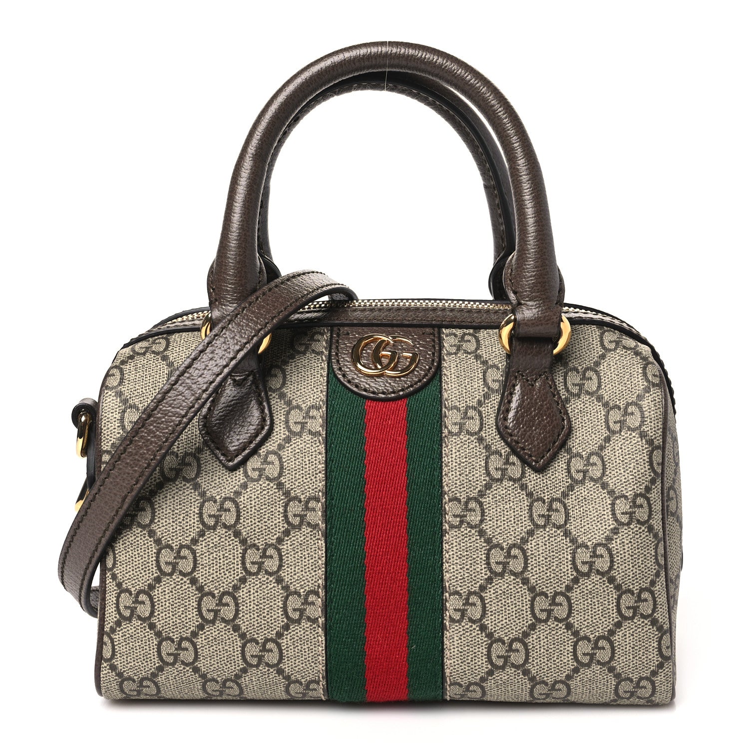Gucci GG Supreme Monogram Textured Dollar Calfskin Web Mini Ophidia Top Handle Bowler Bag Beige Ebony New Acero 1 of 10