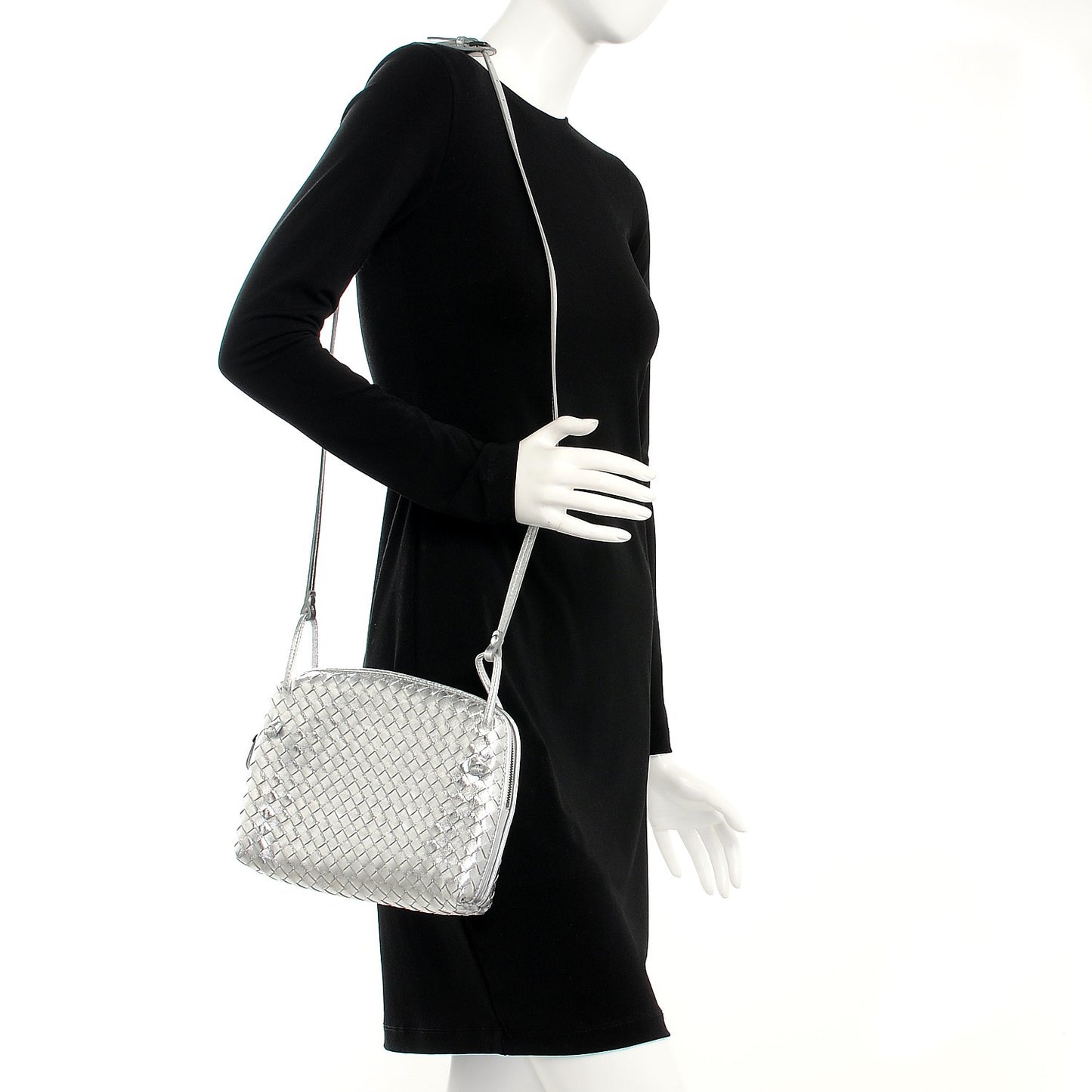 Metallic Nappa Intrecciato Pillow Crossbody Messenger Silver