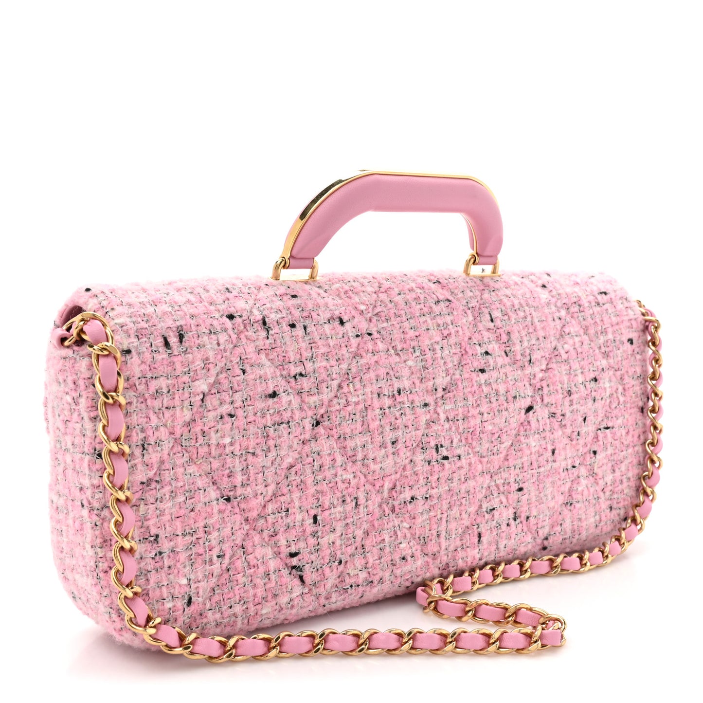 Tweed Large Top Handle Clutch With Chain Pink Black Ecru